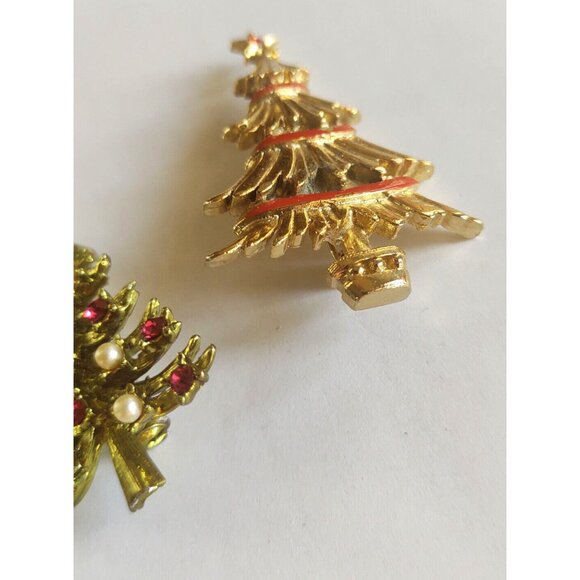 Christmas Tree Brooches (lot of three) Rhinestone, Faux Pearl & Enamel - Picture 12 of 15
